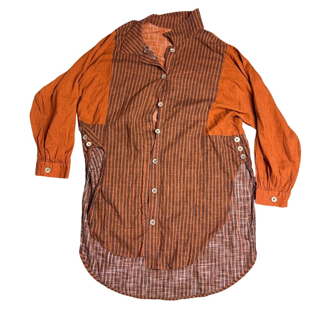 Anthropologie Tunic Top Rust Orange Stripes Buttons XL Swimsuit Coverup
